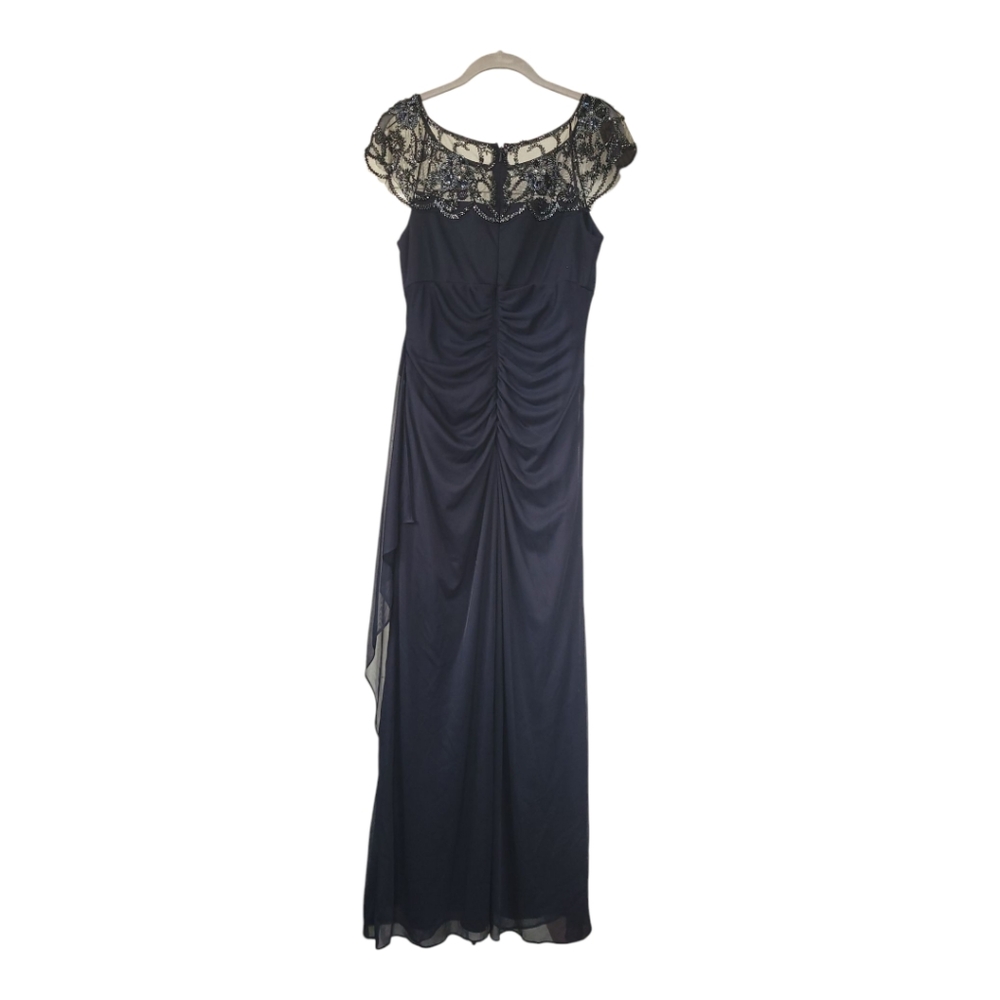 Xscape Navy Beaded Illusion Cap Sleeve Ruched Mother of Bride Formal Gown 6 - Picture 9 of 15